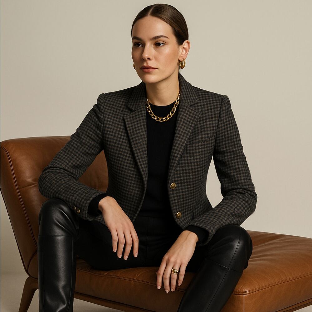 J. CREW Factory Elbow-Patch Keating Boy Blazer Houndstooth Black Gray Sz 6 {UU4}